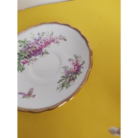 Rosina Tea cup and Saucer, Floral Bouquet with bird, Gold Accents England - Picture 9 of 15